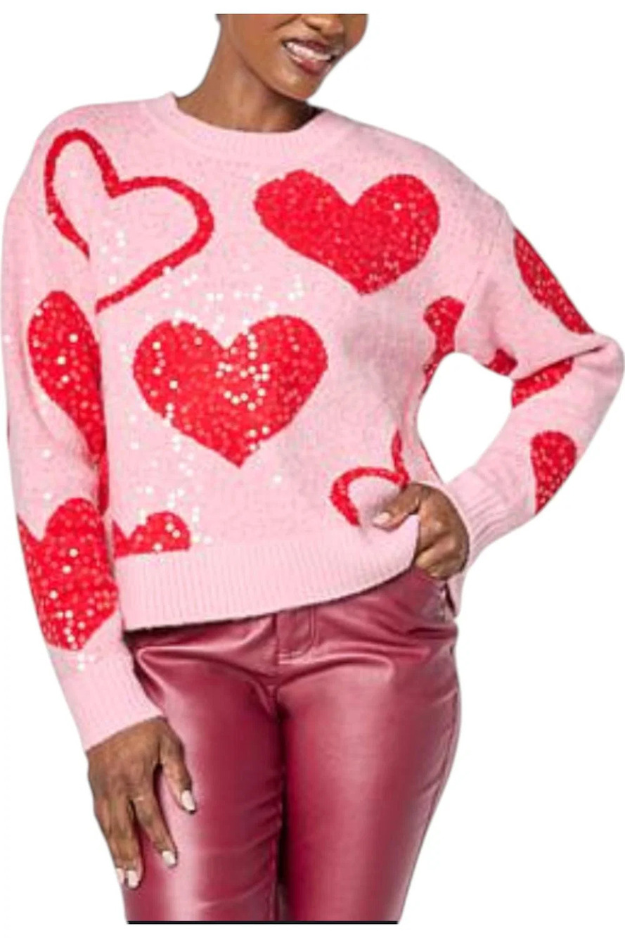 C Wonder Women's Heart Sequin Crewneck Pullover Sweater Dazzling Pink - Regular